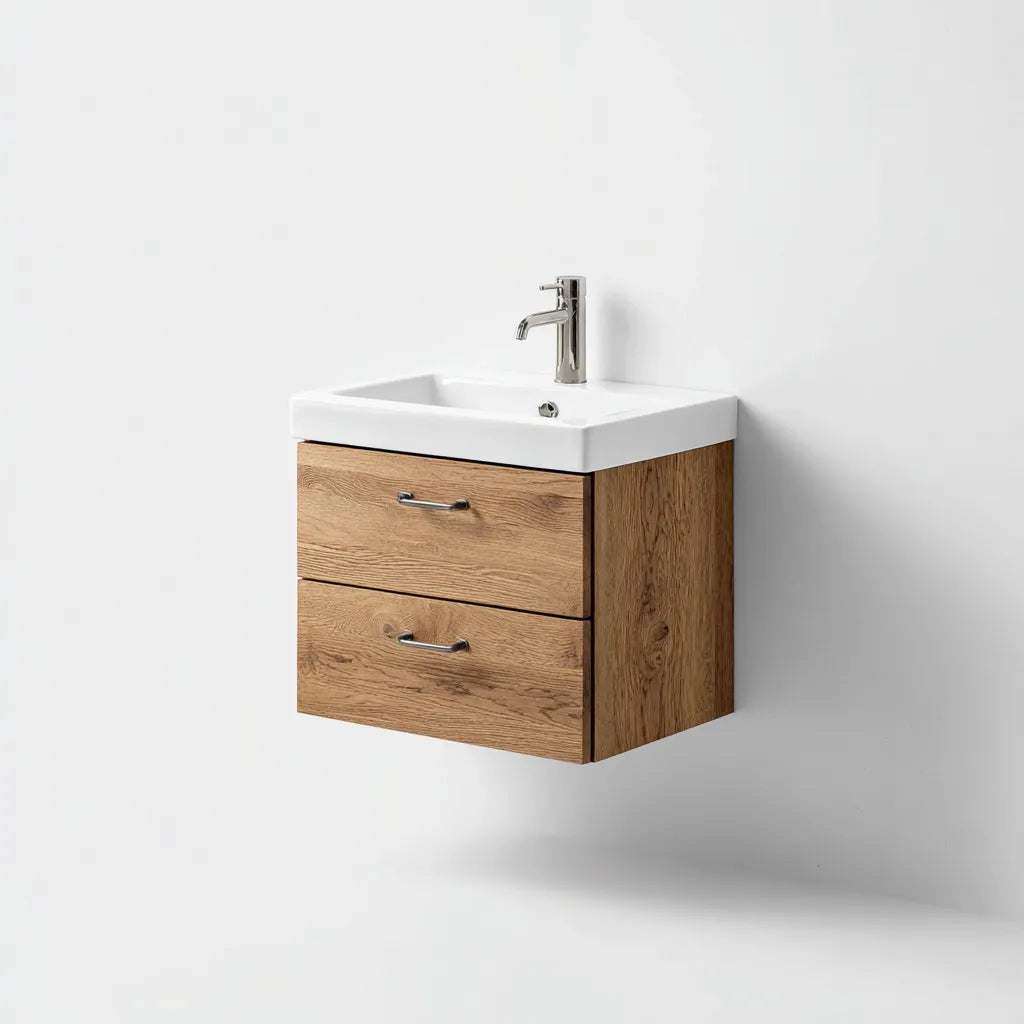 Lavabo bagno sospeso 50×46×52 cm - legno naturale e bianco - con mobile da parete funzionale