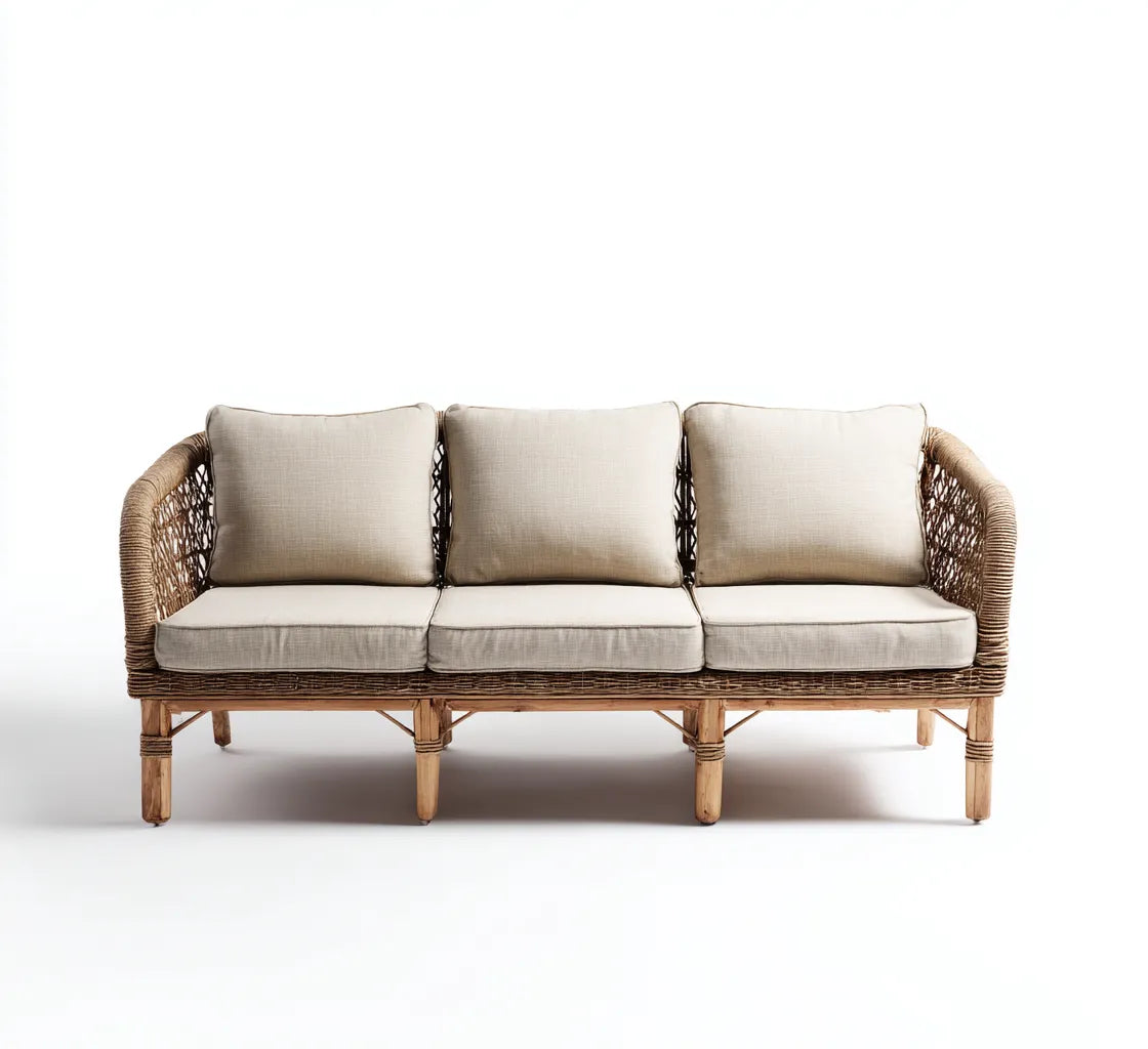 Divano da esterno 198×76×84 cm - beige e legno - con struttura intrecciata per veranda