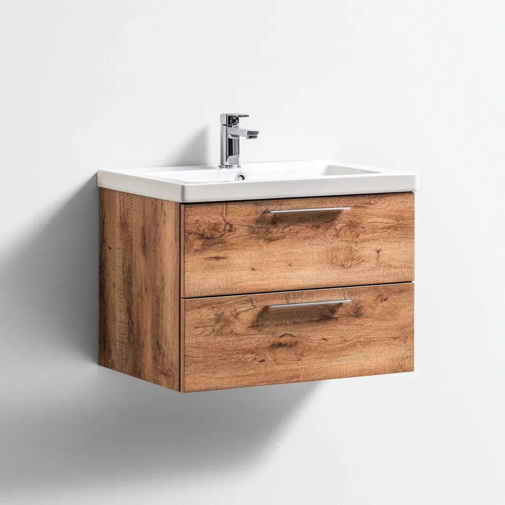 Lavabo con mobile bagno 60×46×58 cm - legno bianco - sospeso con frontale arrotondato e contenitore