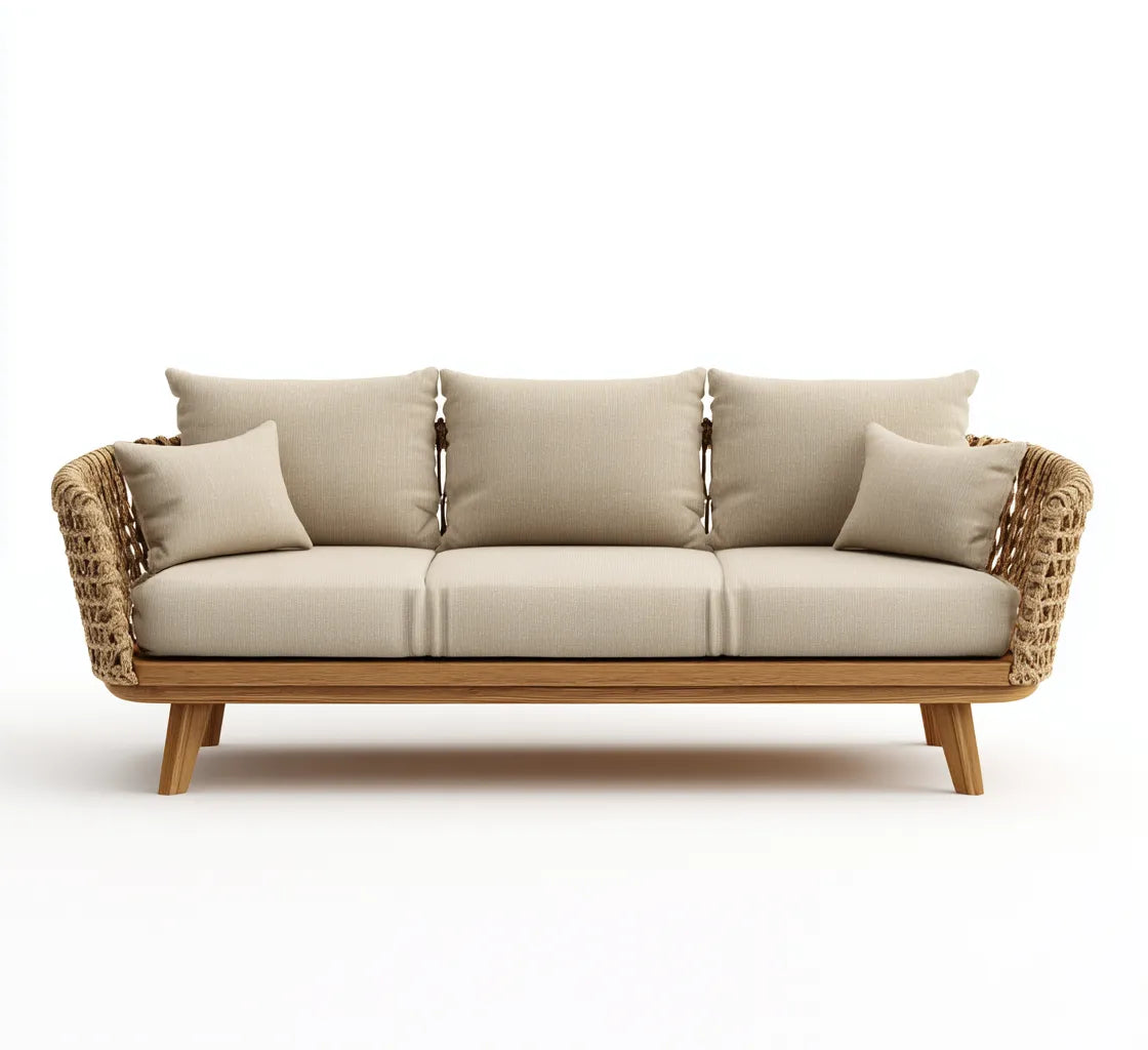 Divano da esterno 210×78×82 cm - beige e legno - con intreccio laterale per terrazza